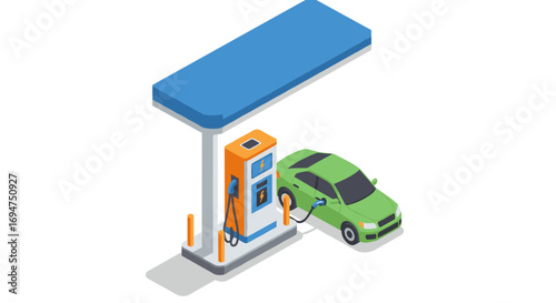 Isometric gas station with green car refueling under blue canopy