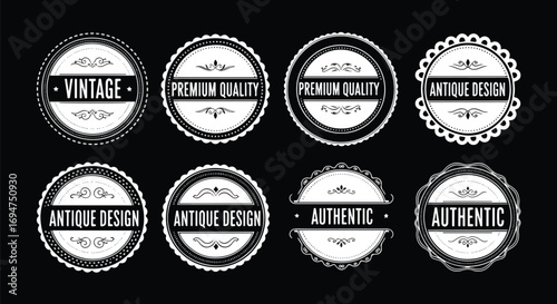 Set of vintage black and white premium quality logos with ornate frames, circular badge designs, and elegant typography, perfect for luxury branding, packaging, handcrafted products, and antique style
