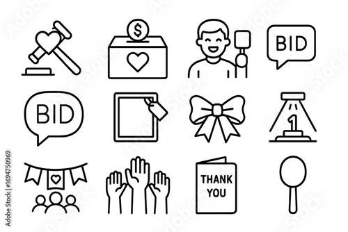 Charity Auction Icons. Line style icons of charity auctions: heart-shaped gavel, donation box, item with tag, bidder smiling;