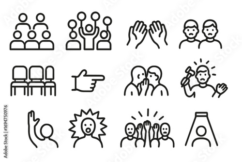 Auction Crowd Icons. Line style icons of auction crowds: seated audience, paddle up arms, applause gesture, focused faces; auction