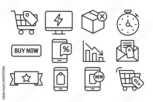 Online Deals Icons. Line style icons of online deals: shopping cart with tag, flash deal screen, limited stock icon, price timer;