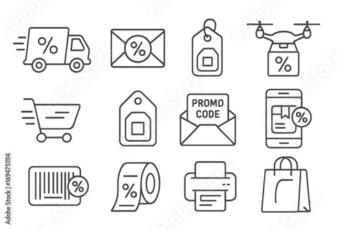 Shipping Discount Icons. Line style icons of delivery and shipping discounts: truck with percent, envelope with deal, free