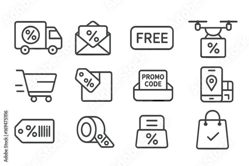 Shipping Discount Icons. Line style icons of delivery and shipping discounts: truck with percent, envelope with deal, free