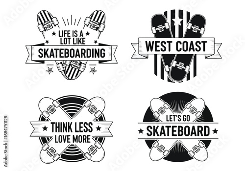 Set of vintage black and white skateboarding logos with skateboards, bold typography, and retro badge designs, perfect for sports branding, urban lifestyle, streetwear, and youth culture marketing