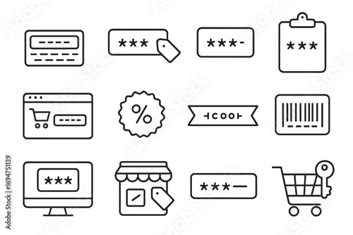 Coupon Code Iconography. Line style icons of coupon codes: keyboard with promo field, input box and tag, code string symbol,