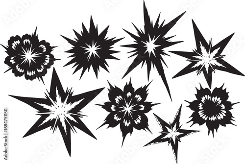 Bold minimalist concept of scattered abstract blossoms. A striking black and white floral pattern with a contemporary artistic feel