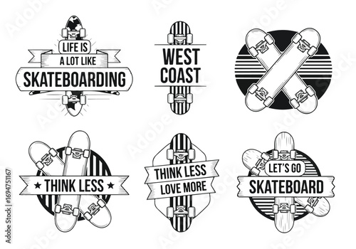 Set of vintage black and white skateboarding logos with skateboards, bold typography, and retro badge designs, perfect for sports branding, urban lifestyle, streetwear, and youth culture marketing