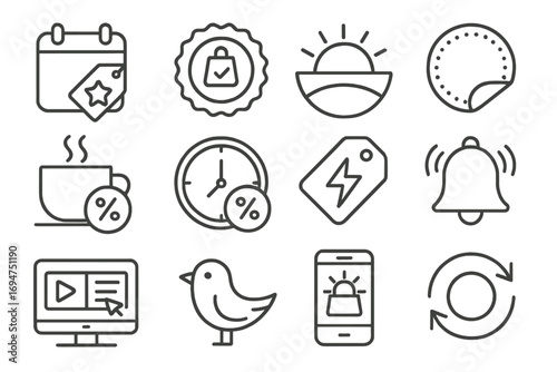 Daily Deals Icons. Line style icons of daily deals: calendar with star tag, deal of the day icon, sunrise badge, limited offer