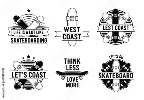 Set of vintage black and white skateboarding logos with skateboards, bold typography, and retro badge designs, perfect for sports branding, urban lifestyle, streetwear, and youth culture marketing