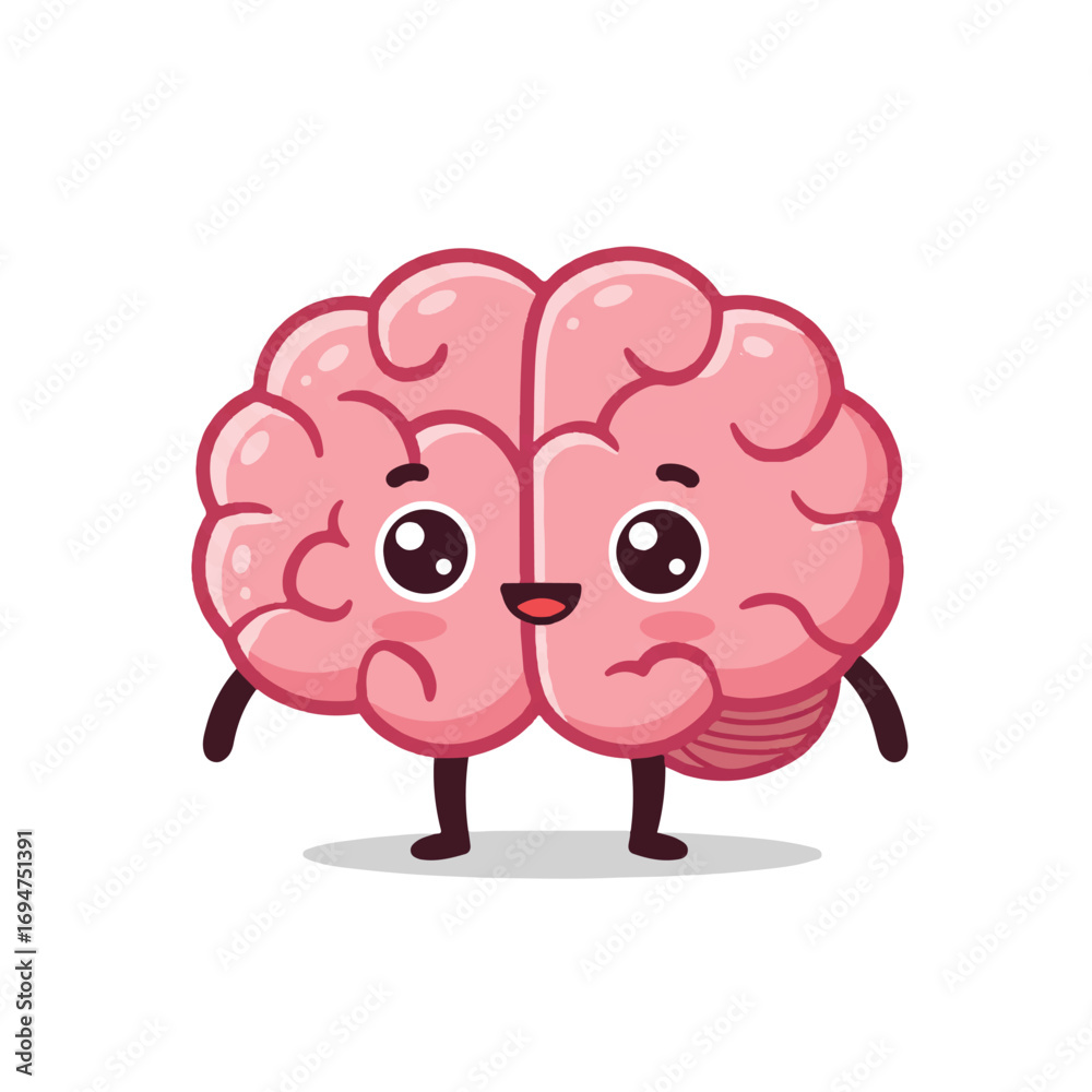Obraz premium Cute brain character in a flat 2D vector illustration stands cheerfully on a plain white background, embodying intelligence, learning, and playful thinking.