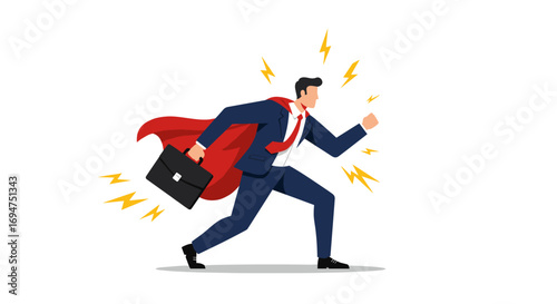 Superhero businessman in suit with red cape and briefcase on white background