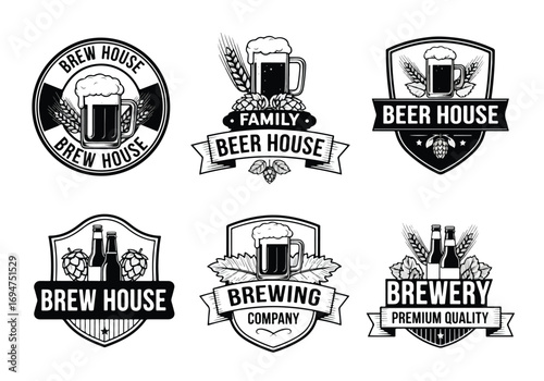 Set of vintage black and white brewery logos with beer mugs, bottles, hops, and wheat, designed as retro badges and emblems perfect for pubs, craft beer branding, and bar promotions