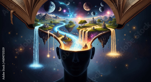 An open book reveals a universe of fantasy and imagination flowing from its pages into a creative human mind