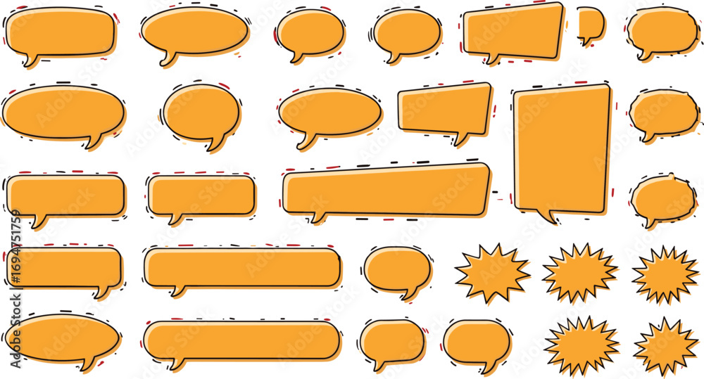 Obraz premium Set of vibrant orange speech bubbles and chat boxes in a modern, hand-drawn style. Perfect for digital communication, social media, and web design projects
