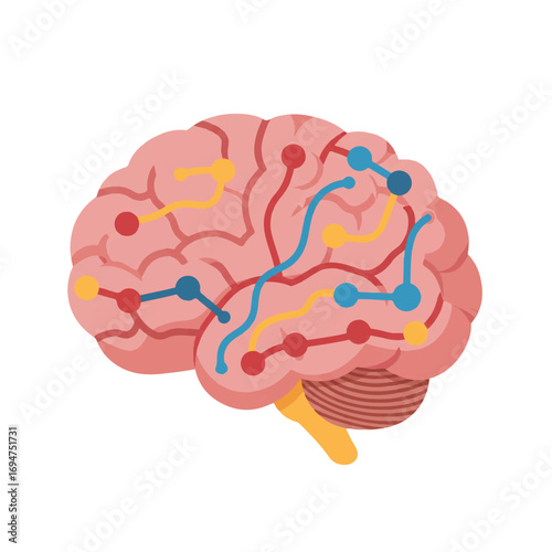 A clean and minimalist 2D flat vector illustration precisely depicts an abstract human brain with smooth lines and subtle shading on a plain white background, symbolizing thought and intelligence.