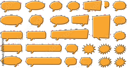 Set of vibrant orange speech bubbles and chat boxes in a modern, hand-drawn style. Perfect for digital communication, social media, and web design projects
