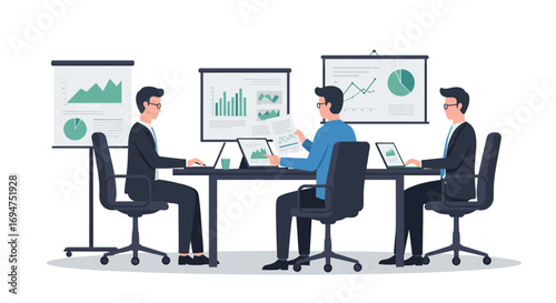 Business meeting with charts and laptops in modern office setting