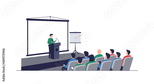 Business presentation with speaker and audience in modern flat design