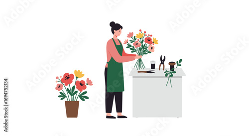 Florist arranging colorful bouquet at workstation in minimalist flat design