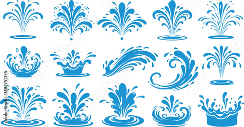 Whimsical Blue Fountain Collection Splashes and Cascades Vector Art