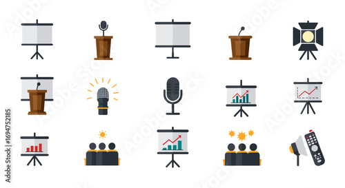 Presentation and audio equipment icons set for business meetings and conferences