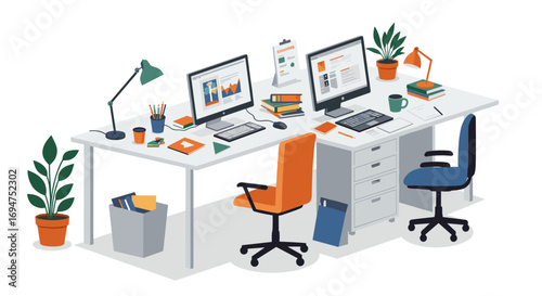 Modern office workspace with computers and plants in isometric style