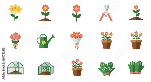 Colorful gardening icons set featuring flowers, pots, and tools