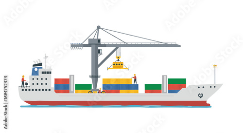 Cargo ship with crane unloading containers in port flat style