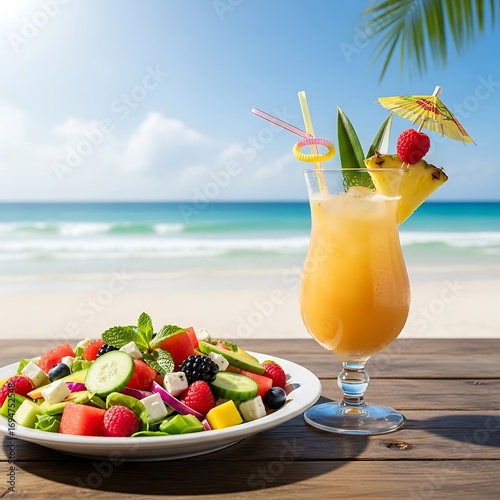 Colorful fruit salad and tropical drink on a beachside table, perfect for a sunny day.