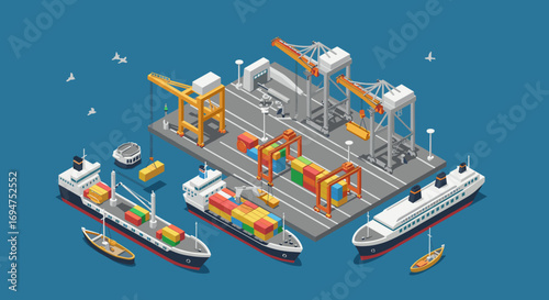 Isometric cargo port with ships and cranes on blue background