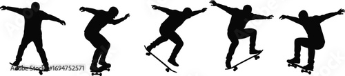 Set of Black Silhouettes of a Skateboarder Performing Different Tricks in Motion, Action Sports Vector Illustration