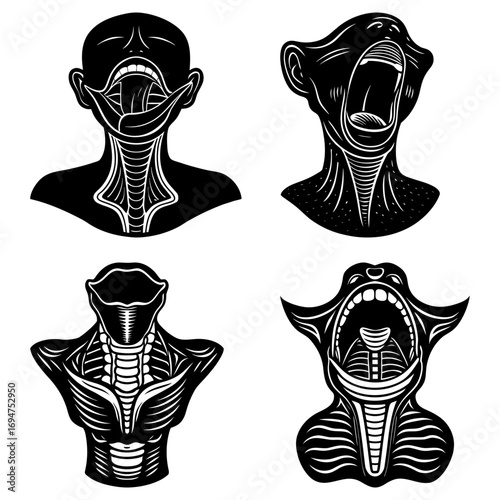 Four stylized black and white drawings of open mouthed figures with visible throats and necks shown