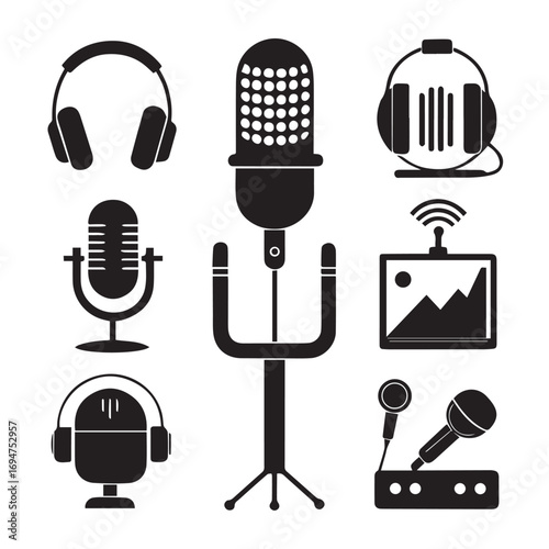 Collection of microphones and headphones icons, representing audio recording, podcasting, and broadcasting, isolated on white background