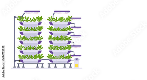 Vertical farming system with green leafy vegetables in modern hydroponics setup
