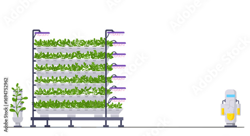 Smart agriculture: hydroponic vertical farm with automated robot in minimalist design