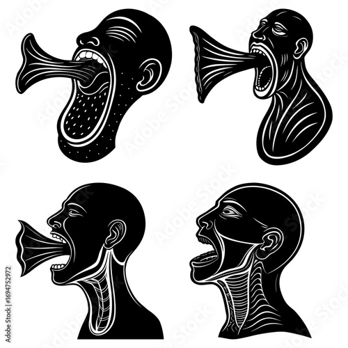 Four stylized black and white drawings of screaming or yelling heads with open mouths and exaggerated features