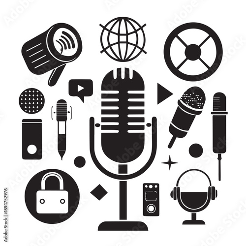 Collection of microphones and audio equipment icons, including a globe, steering wheel, play button, and headphones, isolated on white background