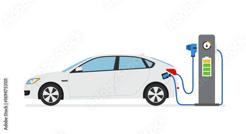Electric car charging at station with battery level indicator in modern flat design