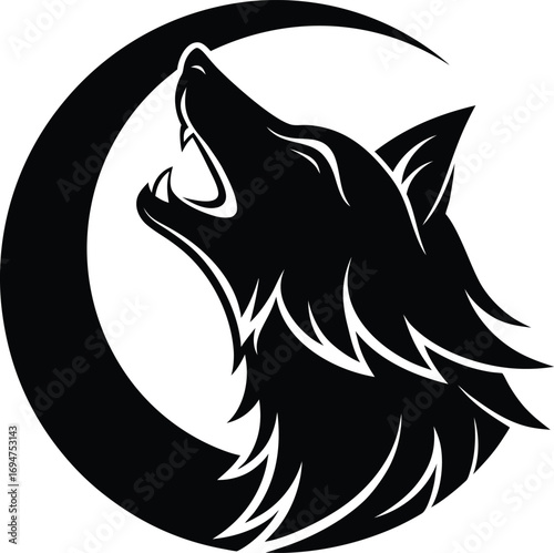 Vector art of a striking black silhouette of a wolf howling at a crescent moon, with stylized fur details, symbolizing wildness, freedom, and the night