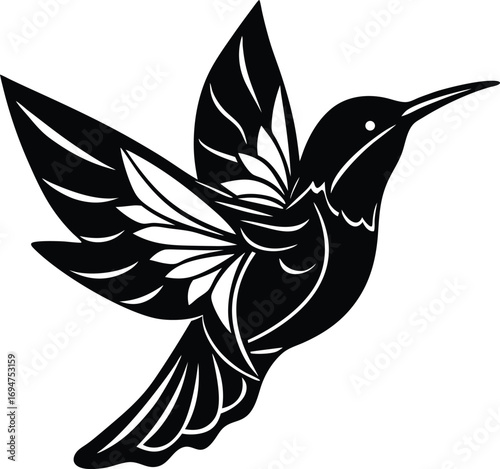 Vector art of an elegant black silhouette of a hummingbird in flight, with intricately designed wings resembling floral patterns, symbolizing agility and beauty