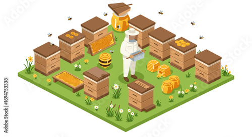 Isometric beekeeping scene with beehives and beekeeper in a garden setting