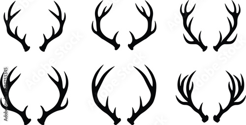 Set of Black Silhouettes of Deer Antlers in Various Designs, Elegant Vector Illustration for Wildlife and Nature