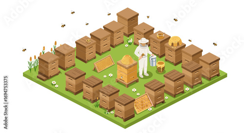 Isometric apiary scene with beekeeper and beehives in a lush garden setting