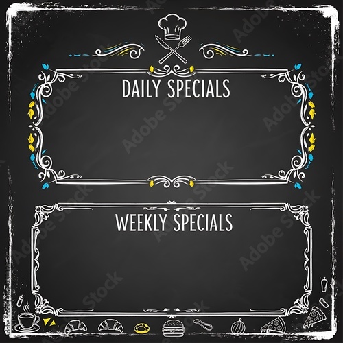 Vintage-style chalkboard menu design with decorative borders and daily/weekly specials headings.