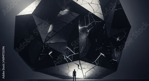 A solitary human figure stands before a colossal fractured monolith, an epic discovery radiating mysterious light from within the darkness