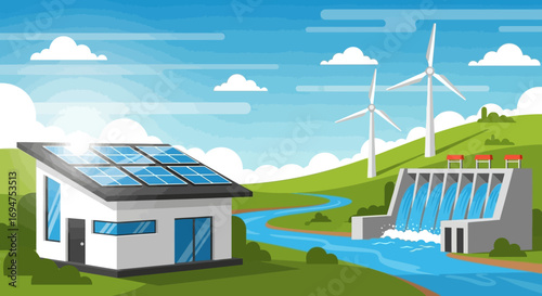 A sustainable landscape showcasing various renewable energy sources including solar panels, wind turbines, and a hydroelectric dam
