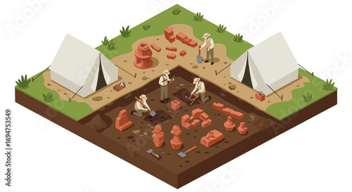 Isometric archaeological dig site with tents and artifacts
