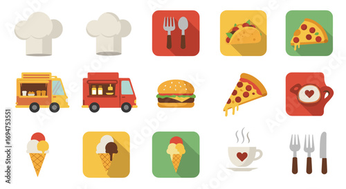 Flat food and drink icons: pizza, tacos, burgers, ice cream, food truck