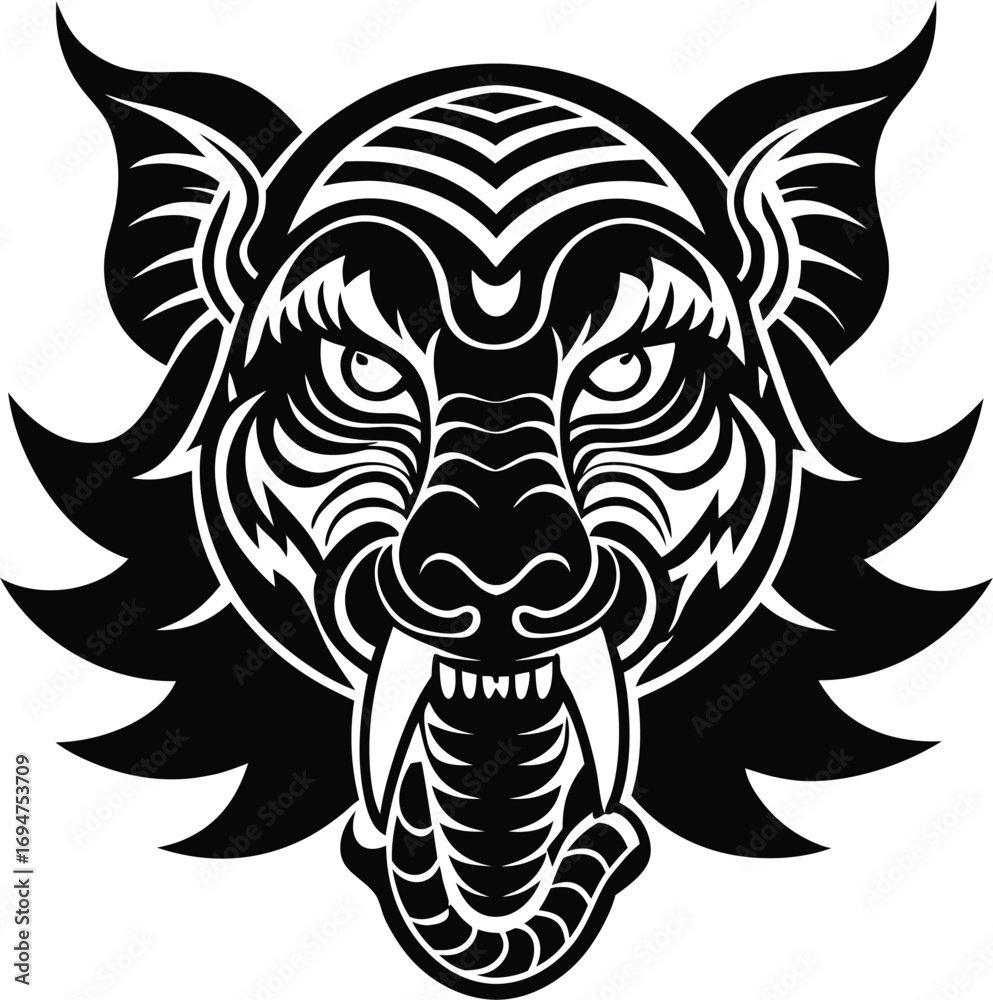 Obraz premium Vector art of fierce tiger head with bared fangs and intricate details