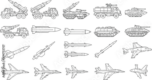 Vector illustration set of modern warfare equipment, showcasing pixelated icons of military hardware and combat vehicles